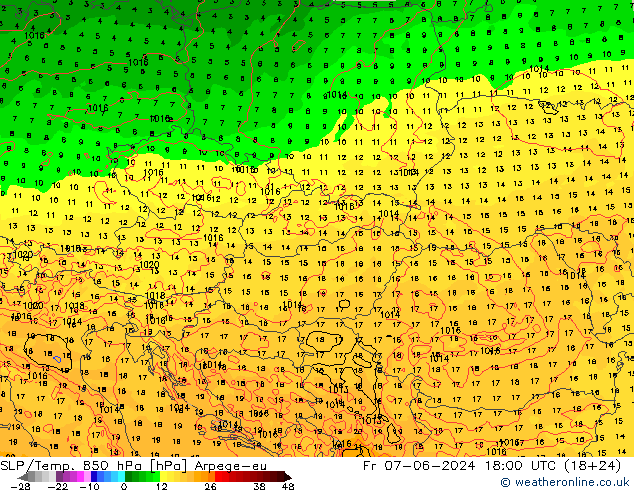 SLP/Temp. 850 hPa Arpege-eu Pá 07.06.2024 18 UTC