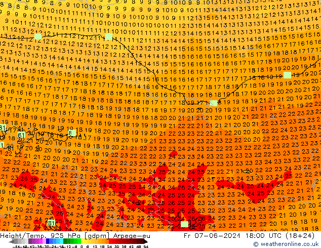 Height/Temp. 925 hPa Arpege-eu Fr 07.06.2024 18 UTC