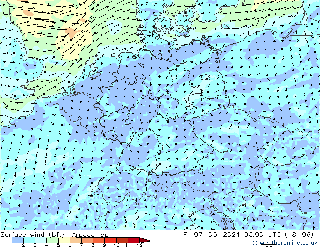 Vent 10 m (bft) Arpege-eu ven 07.06.2024 00 UTC