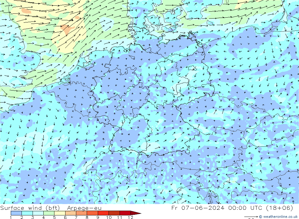 Surface wind (bft) Arpege-eu Pá 07.06.2024 00 UTC