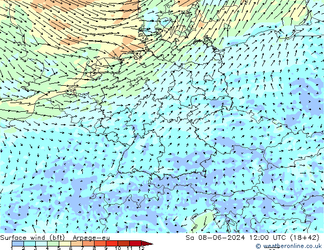 Wind 10 m (bft) Arpege-eu za 08.06.2024 12 UTC