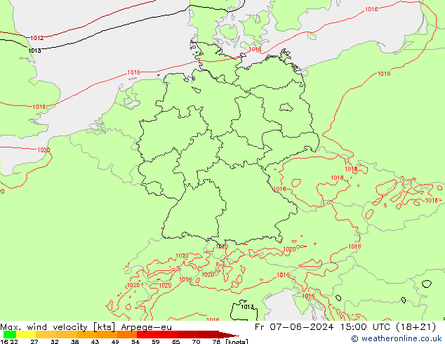 Max. wind velocity Arpege-eu Sex 07.06.2024 15 UTC