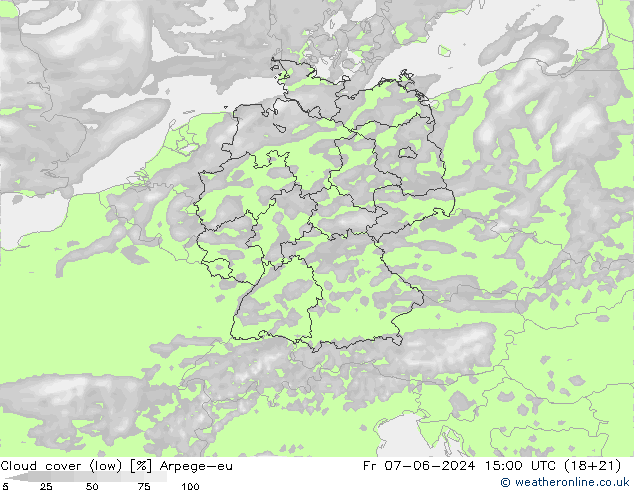 Cloud cover (low) Arpege-eu Fr 07.06.2024 15 UTC