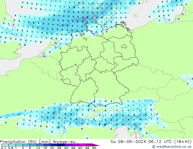 Precipitation (6h) Arpege-eu So 08.06.2024 12 UTC