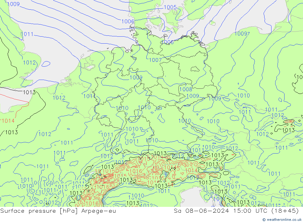 Presión superficial Arpege-eu sáb 08.06.2024 15 UTC