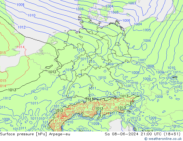 Surface pressure Arpege-eu Sa 08.06.2024 21 UTC