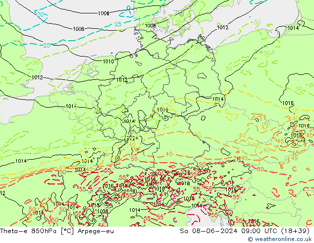 Theta-e 850hPa Arpege-eu So 08.06.2024 09 UTC