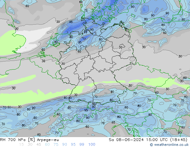 RH 700 hPa Arpege-eu So 08.06.2024 15 UTC