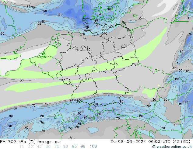 RH 700 hPa Arpege-eu Su 09.06.2024 06 UTC