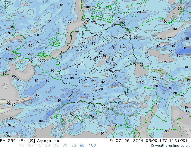 RH 850 hPa Arpege-eu Fr 07.06.2024 03 UTC