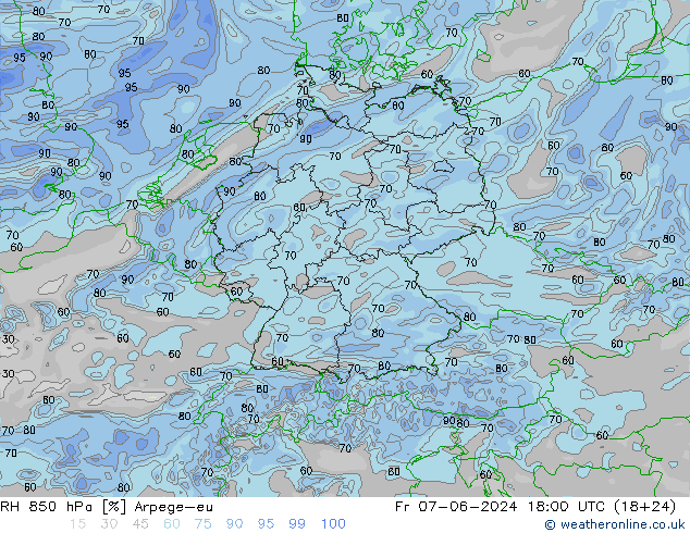 RH 850 hPa Arpege-eu 星期五 07.06.2024 18 UTC