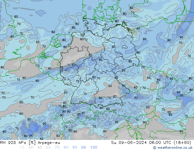 RH 925 hPa Arpege-eu Ne 09.06.2024 06 UTC