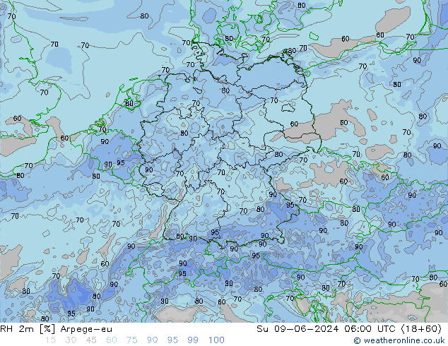 Humedad rel. 2m Arpege-eu dom 09.06.2024 06 UTC