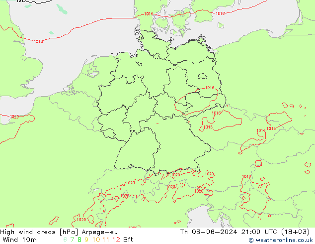 High wind areas Arpege-eu gio 06.06.2024 21 UTC