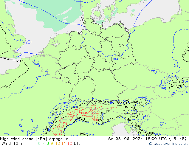 High wind areas Arpege-eu sab 08.06.2024 15 UTC