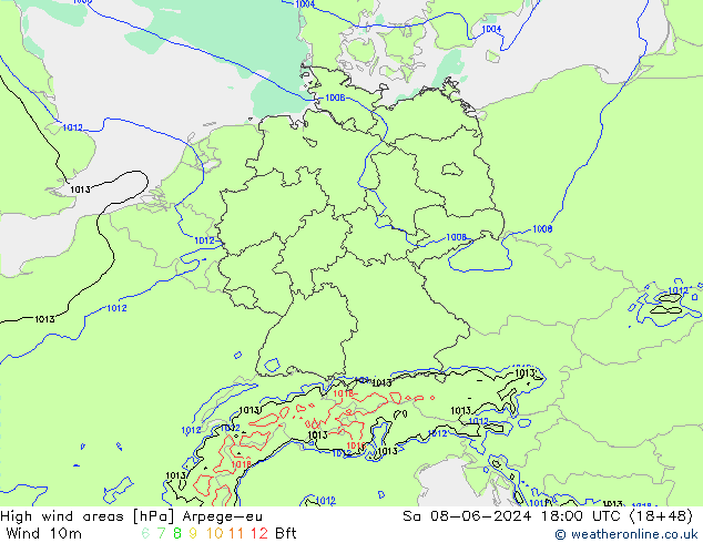 High wind areas Arpege-eu Sa 08.06.2024 18 UTC