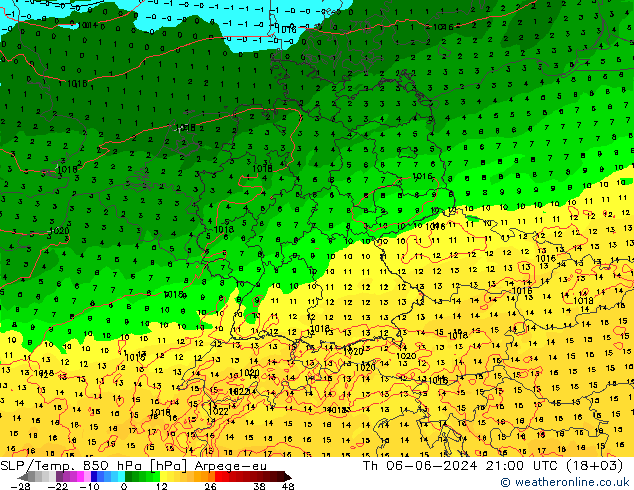 SLP/Temp. 850 hPa Arpege-eu Th 06.06.2024 21 UTC