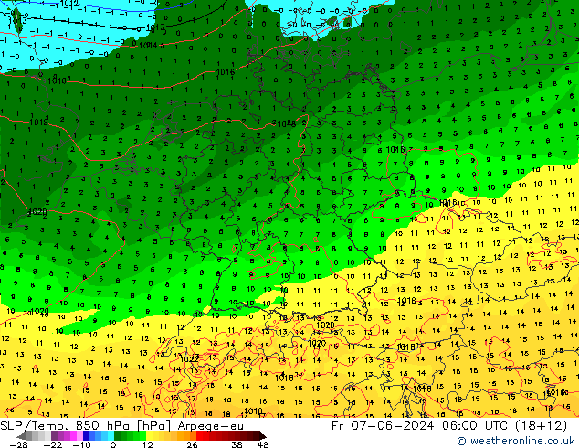 850 hPa Yer Bas./Sıc Arpege-eu Cu 07.06.2024 06 UTC