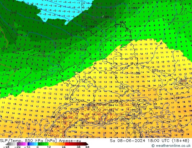 SLP/Temp. 850 hPa Arpege-eu Sa 08.06.2024 18 UTC