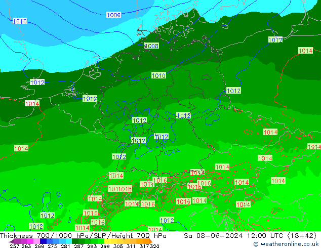 Dikte700-1000 hPa Arpege-eu za 08.06.2024 12 UTC