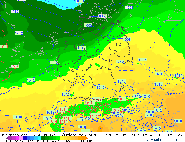 Thck 850-1000 hPa Arpege-eu sab 08.06.2024 18 UTC