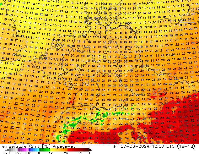 mapa temperatury (2m) Arpege-eu pt. 07.06.2024 12 UTC