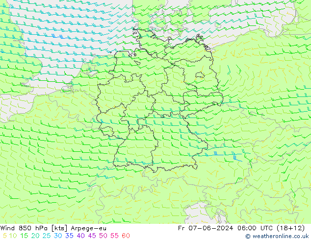 Wind 850 hPa Arpege-eu Fr 07.06.2024 06 UTC