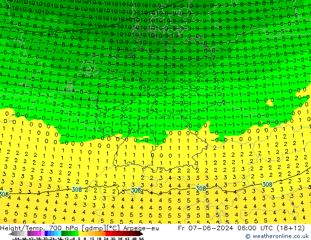 Geop./Temp. 700 hPa Arpege-eu vie 07.06.2024 06 UTC