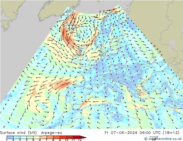 Surface wind (bft) Arpege-eu Fr 07.06.2024 06 UTC