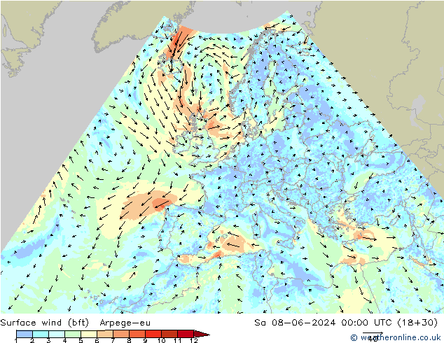 Surface wind (bft) Arpege-eu Sa 08.06.2024 00 UTC