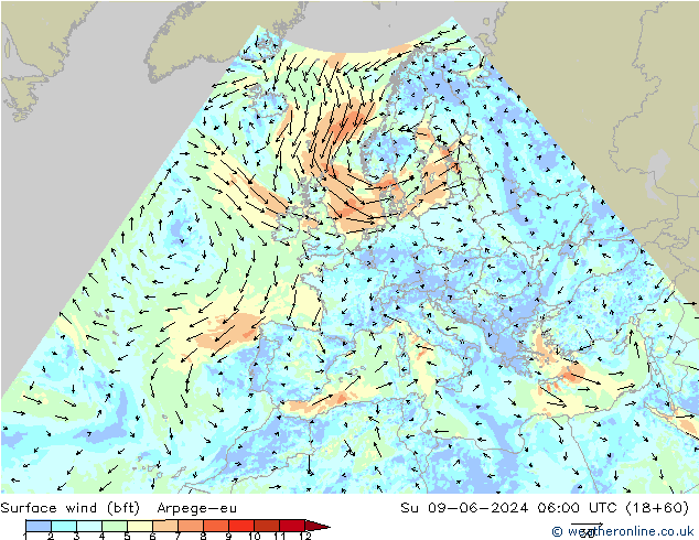 Viento 10 m (bft) Arpege-eu dom 09.06.2024 06 UTC