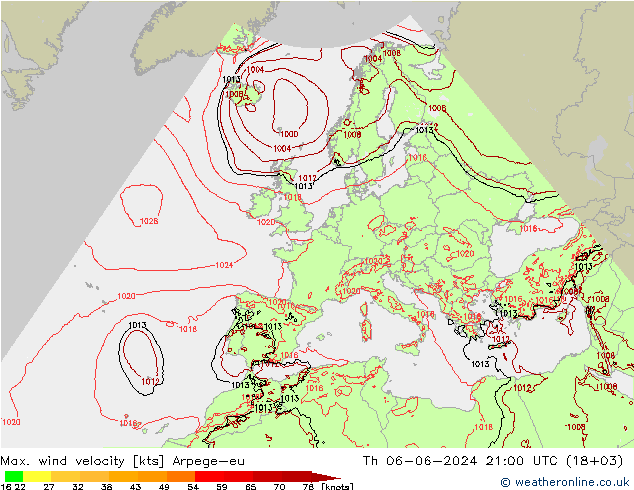 Max. wind velocity Arpege-eu Th 06.06.2024 21 UTC