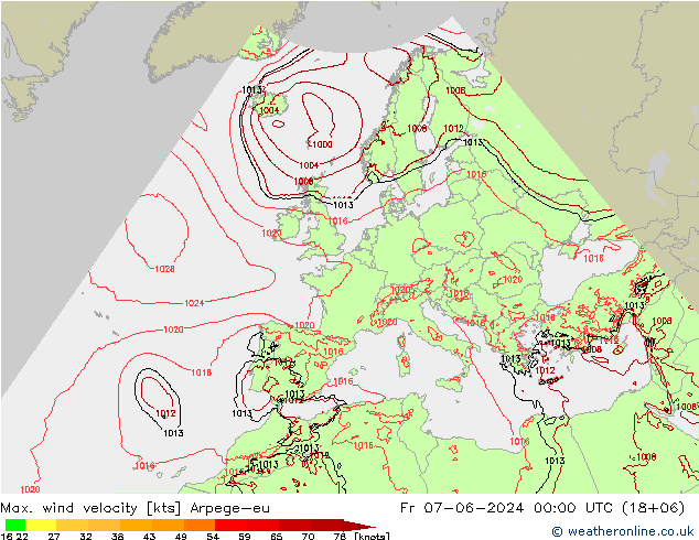 Max. wind snelheid Arpege-eu vr 07.06.2024 00 UTC