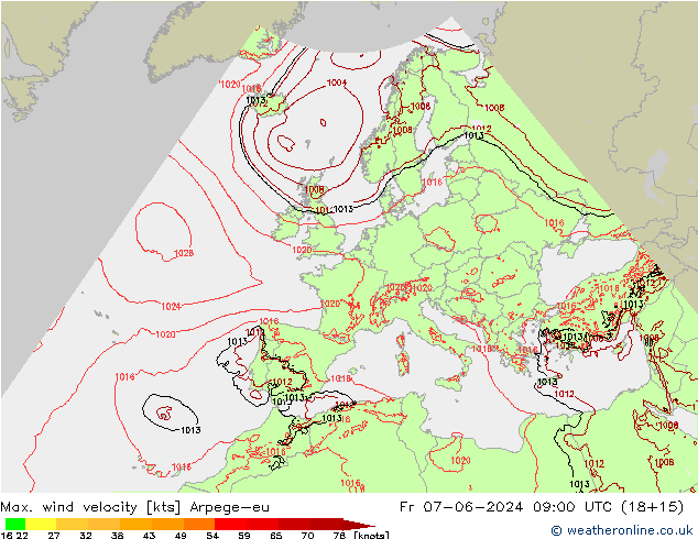 Max. wind velocity Arpege-eu Fr 07.06.2024 09 UTC