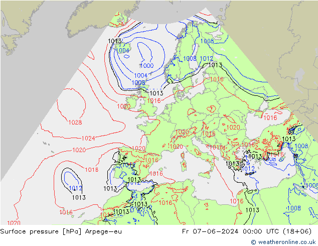 地面气压 Arpege-eu 星期五 07.06.2024 00 UTC