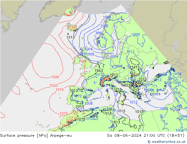 Surface pressure Arpege-eu Sa 08.06.2024 21 UTC