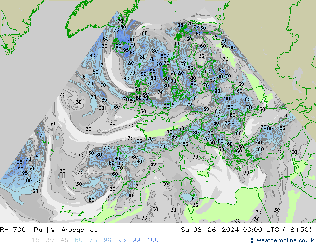 RH 700 hPa Arpege-eu Sa 08.06.2024 00 UTC