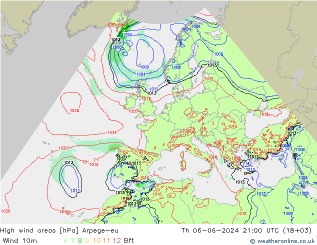 High wind areas Arpege-eu gio 06.06.2024 21 UTC