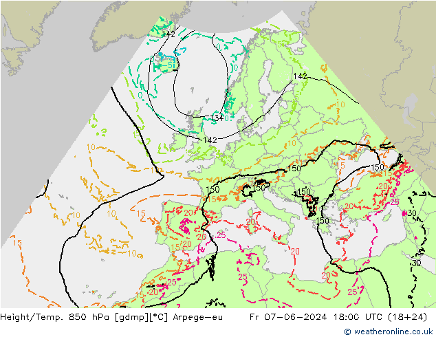 Hoogte/Temp. 850 hPa Arpege-eu vr 07.06.2024 18 UTC