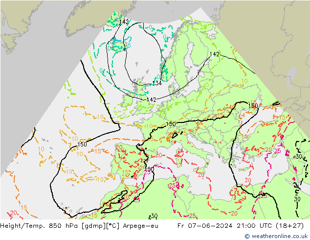 Height/Temp. 850 hPa Arpege-eu Sex 07.06.2024 21 UTC