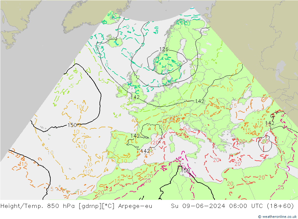 Hoogte/Temp. 850 hPa Arpege-eu zo 09.06.2024 06 UTC