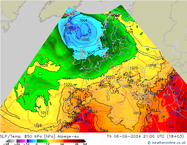 SLP/Temp. 850 hPa Arpege-eu jue 06.06.2024 21 UTC