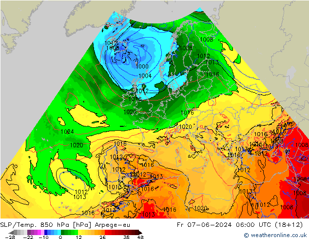 SLP/Temp. 850 hPa Arpege-eu Fr 07.06.2024 06 UTC