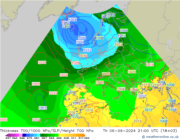 Espesor 700-1000 hPa Arpege-eu jue 06.06.2024 21 UTC