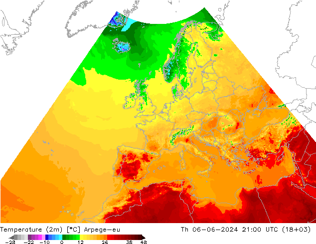 Temperaturkarte (2m) Arpege-eu Do 06.06.2024 21 UTC
