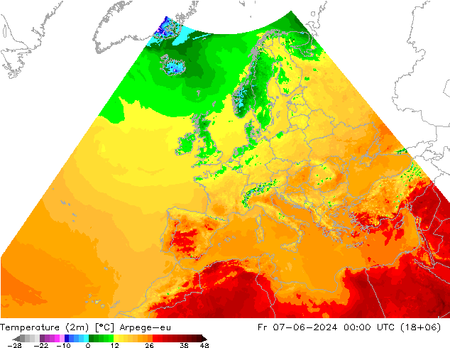 Temperatuurkaart (2m) Arpege-eu vr 07.06.2024 00 UTC