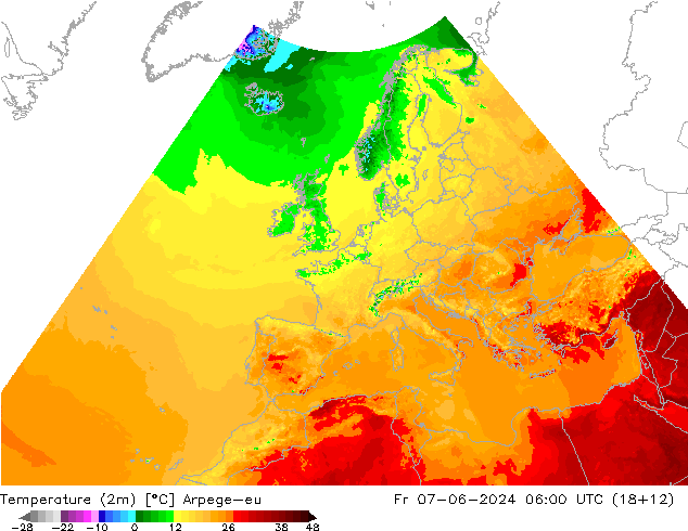 Temperatura (2m) Arpege-eu ven 07.06.2024 06 UTC