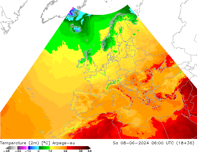 Temperatura (2m) Arpege-eu Sáb 08.06.2024 06 UTC