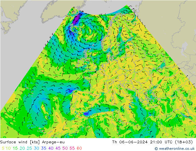 Surface wind Arpege-eu Th 06.06.2024 21 UTC