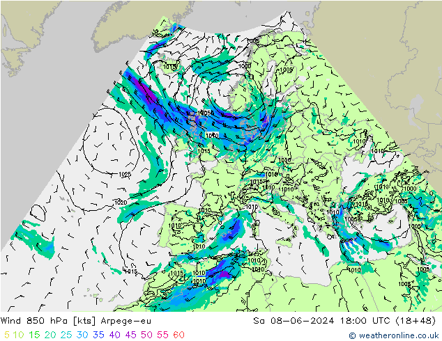 Wind 850 hPa Arpege-eu Sa 08.06.2024 18 UTC